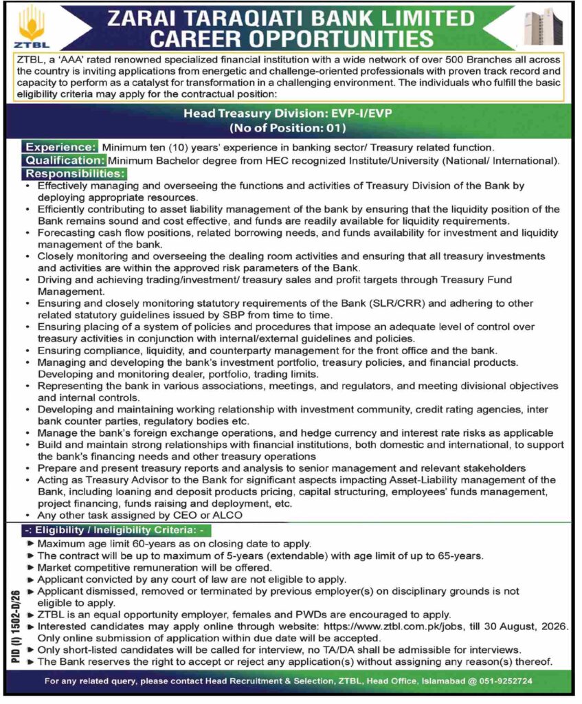ZTBL Jobs 2026 Career Advertisement Zarai Taraqiati Bank Limited