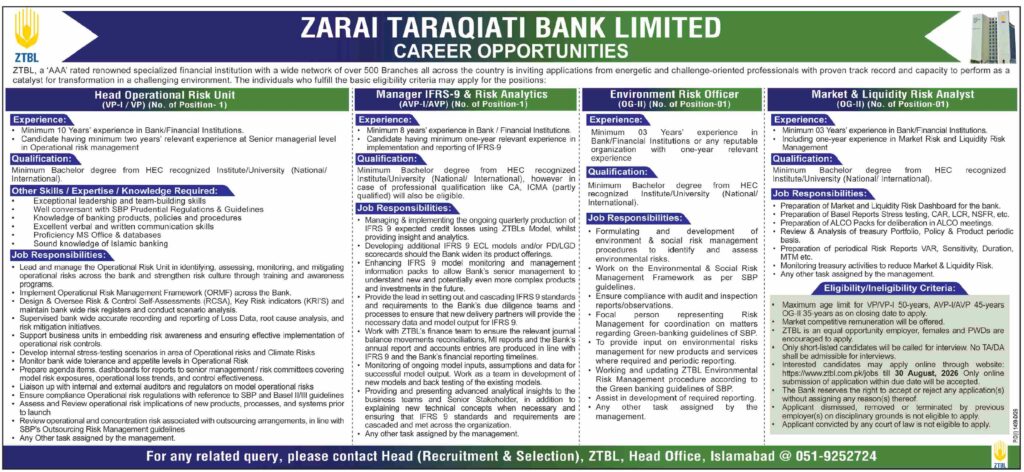 ZTBL Jobs 2026 Career Advertisement Zarai Taraqiati Bank Limited