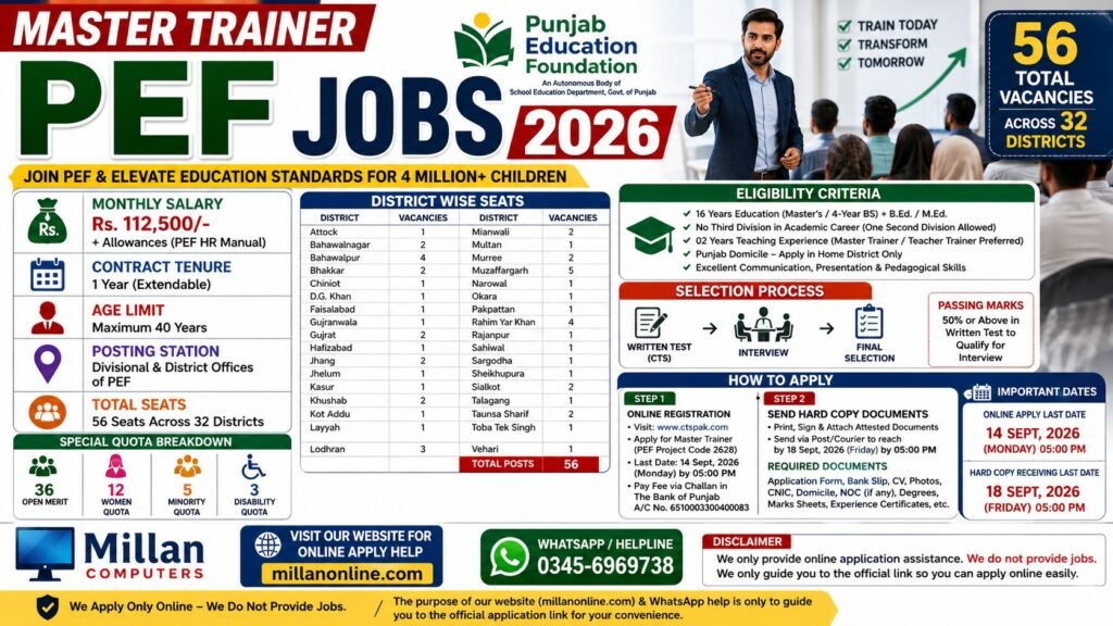 Official job recruitment advertisement for Master Trainer PEF Jobs 2026