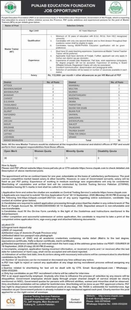 Official job recruitment advertisement for Master Trainer PEF Jobs 2026