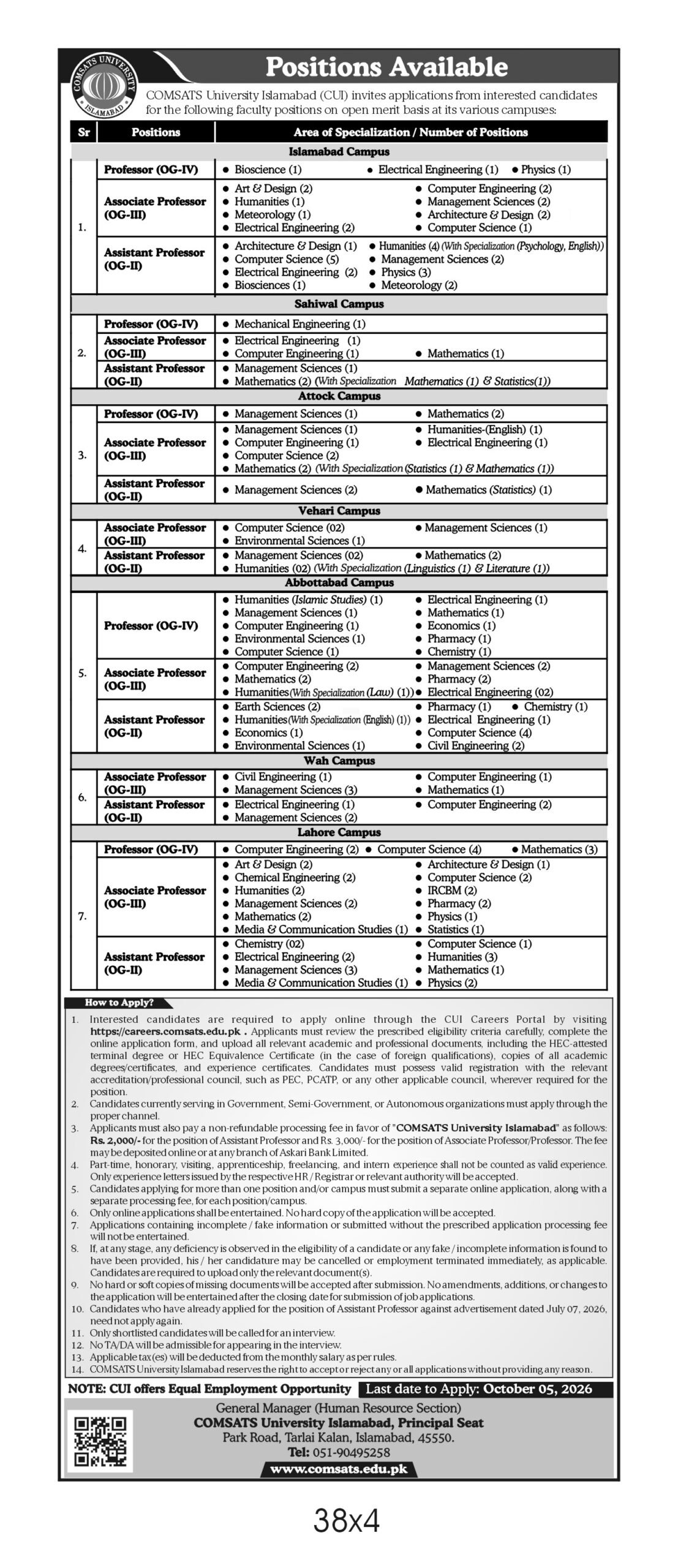 COMSATS University Jobs 2026 Official Faculty Advertisement Notice Page
