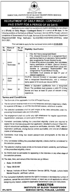 IBTS Lahore Jobs 2026 official recruitment advertisement for daily wage positions in Punjab