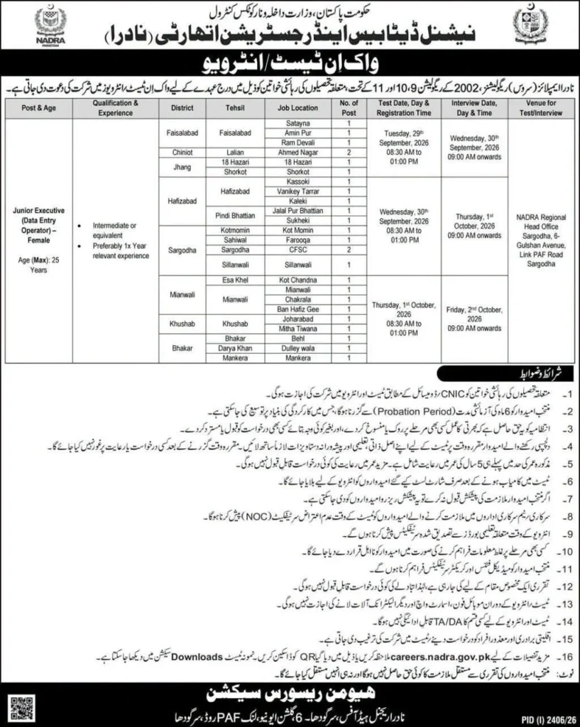 NADRA Jobs 2026 Female Data Entry Operator recruitment advertisement at Regional Head Office Sargodha