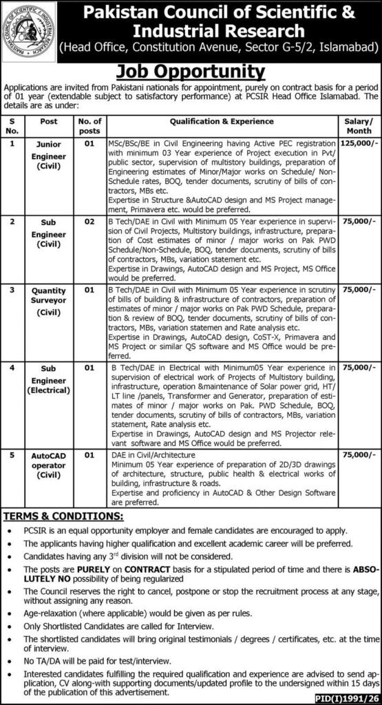 PCSIR Jobs 2026 Official Advertisement Notice Islamabad