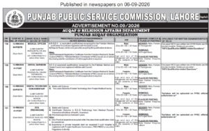 PPSC Advertisement 09/2026 job announcement notification featuring medical, engineering, and administrative vacancies in Punjab.