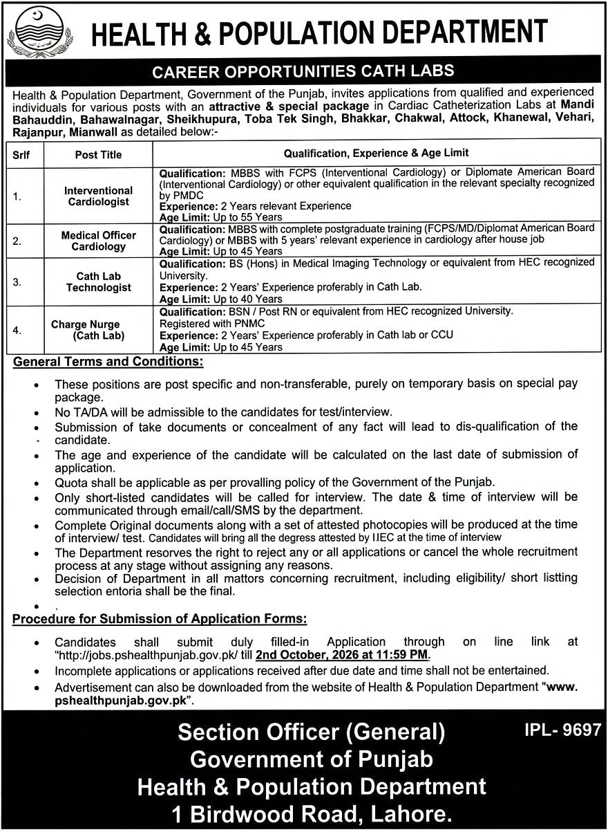 Punjab Health Department Cath Labs Jobs 2026 Official Advertisement Notice