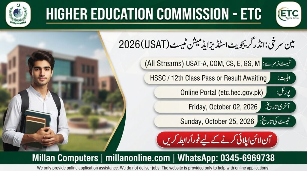 Official advertisement poster for HEC USAT Admission Test 2026 conducted by Education Testing Council for undergraduate university admissions in Pakistan.