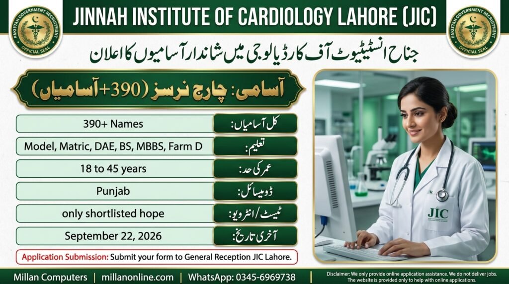 Jinnah Institute of Cardiology Lahore Jobs 2026 Advertisement and Application Form Banner