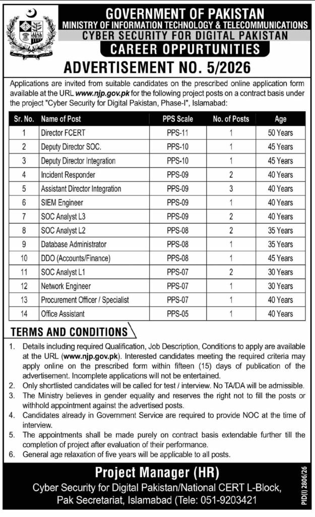 Ministry of Information Technology and Telecommunications Cyber Security for Digital Pakistan Jobs 2026 advertisement poster