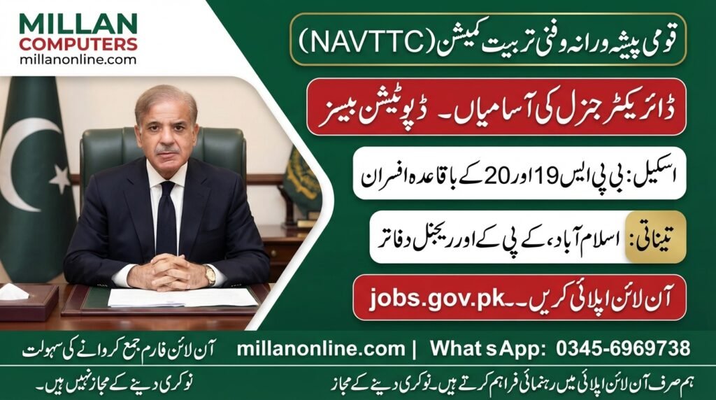 NAVTTC Director General Deputation Jobs 2026 advertisement poster outlining eligibility criteria for BPS-19 and BPS-20 officers