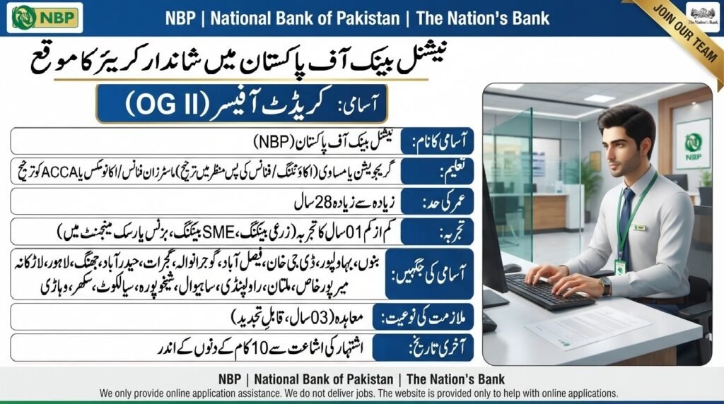 NBP Credit Officer Jobs 2026 advertisement for OG II positions across 18 Pakistani cities including Lahore, Karachi, and Rawalpindi.