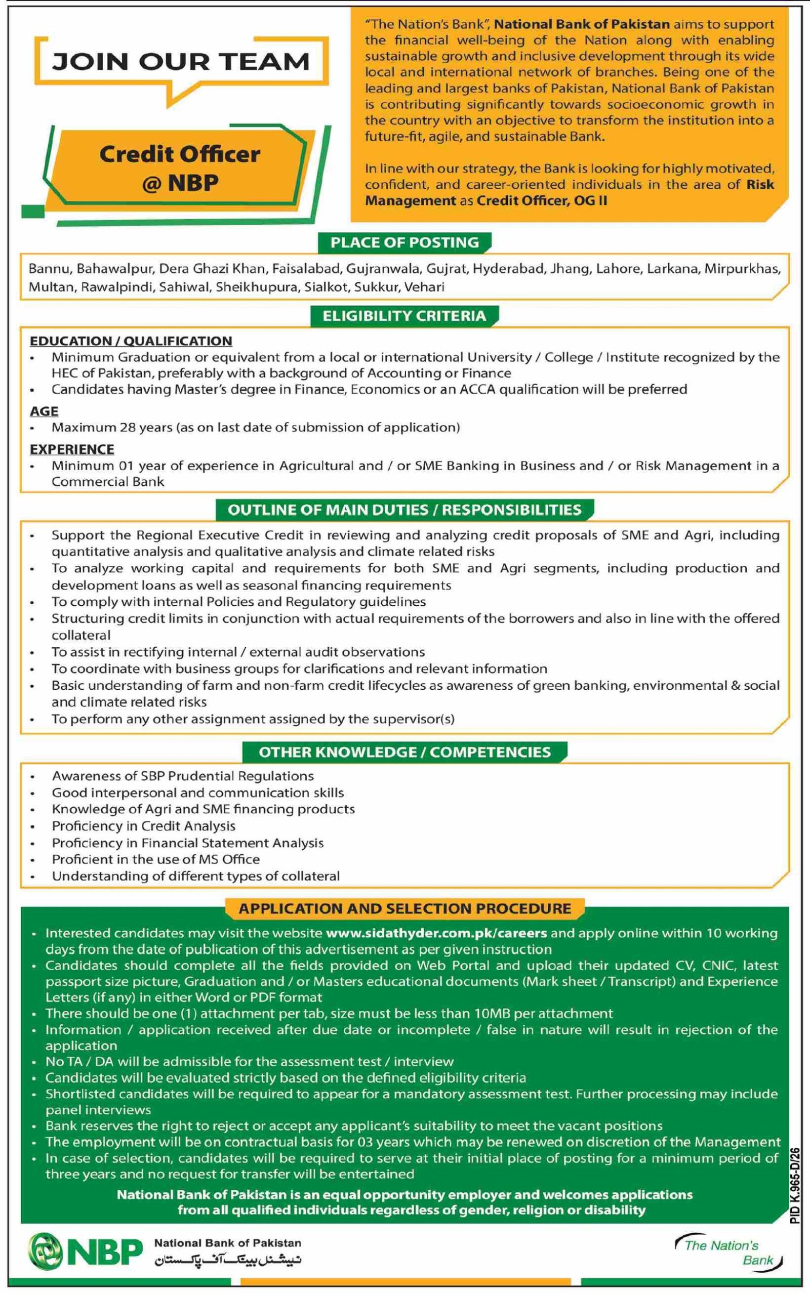 NBP Credit Officer Jobs 2026 advertisement for OG II positions across 18 Pakistani cities including Lahore, Karachi, and Rawalpindi.