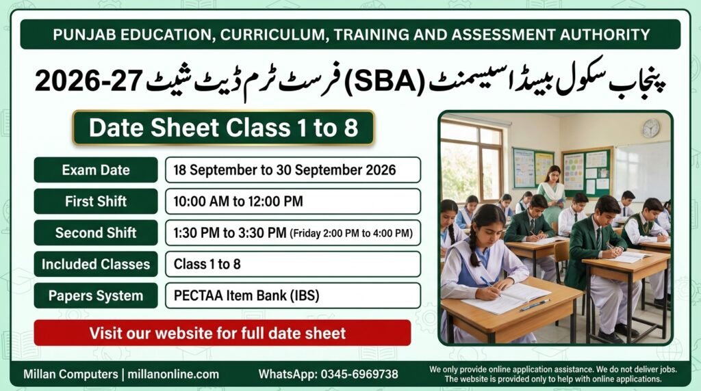 PECTAA SBA Date Sheet 2026 Class 1 to 8 Official Examination Schedule Document