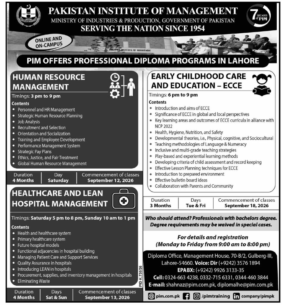 PIM Professional Diploma Programs 2026 admission details and course breakdown infographic