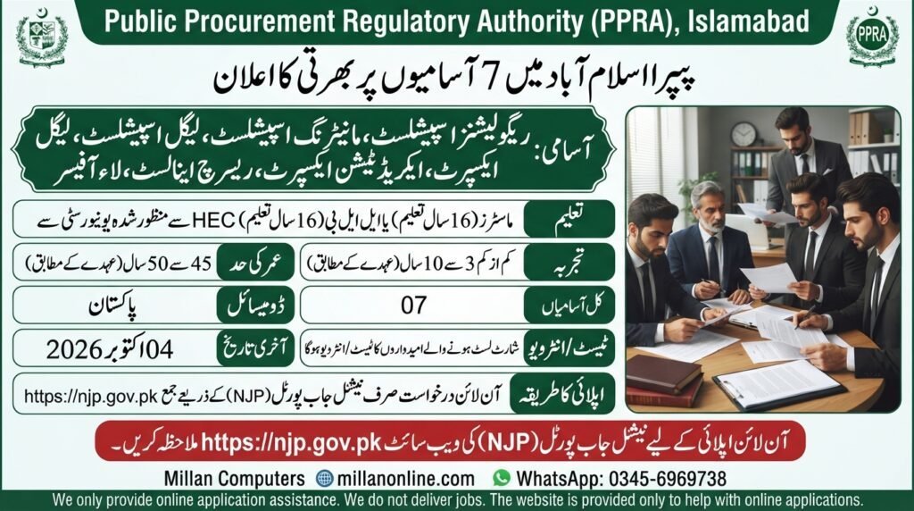 Official advertisement for PPRA Jobs 2026 Islamabad showing 7 vacancies for Master's and LLB degree holders, apply online via NJP before 04 October 2026.
