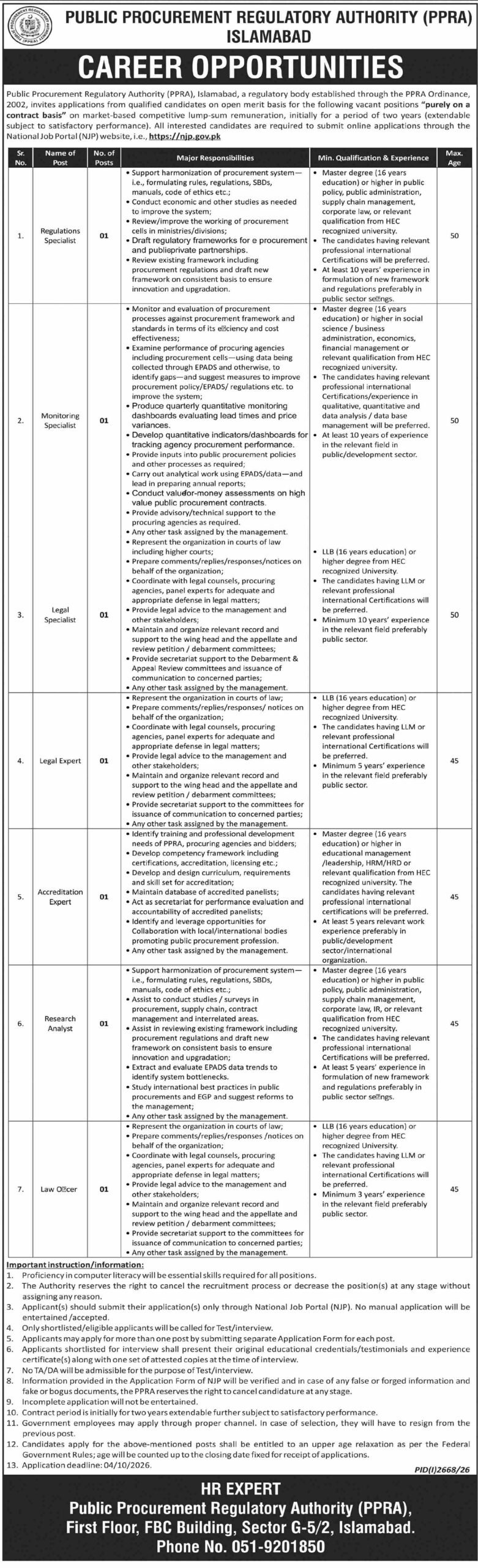 Official advertisement for PPRA Jobs 2026 Islamabad showing 7 vacancies for Master's and LLB degree holders, apply online via NJP before 04 October 2026.