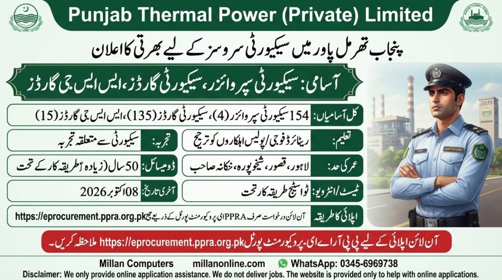 Official advertisement for Punjab Thermal Power Jobs 2026 showing vacancies for Security Supervisor, Security Guards, and SSG Guards, apply online via PPRA E-Procurement by 08 October 2026.