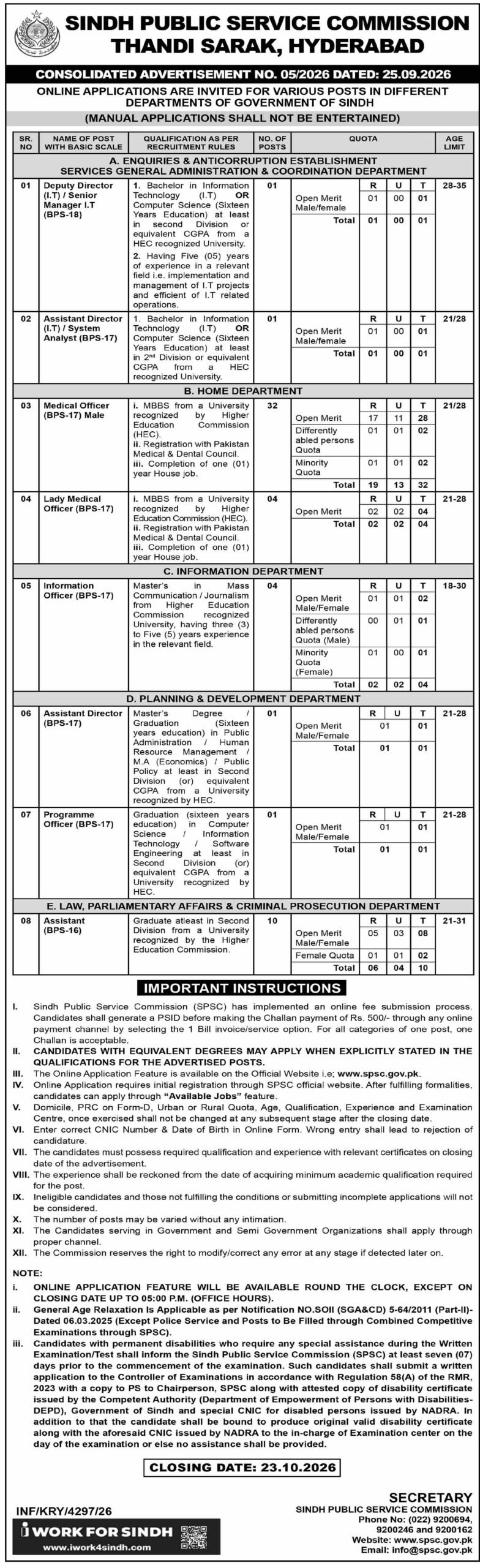 SPSC Jobs 2026 advertisement listing posts in Sindh government departments