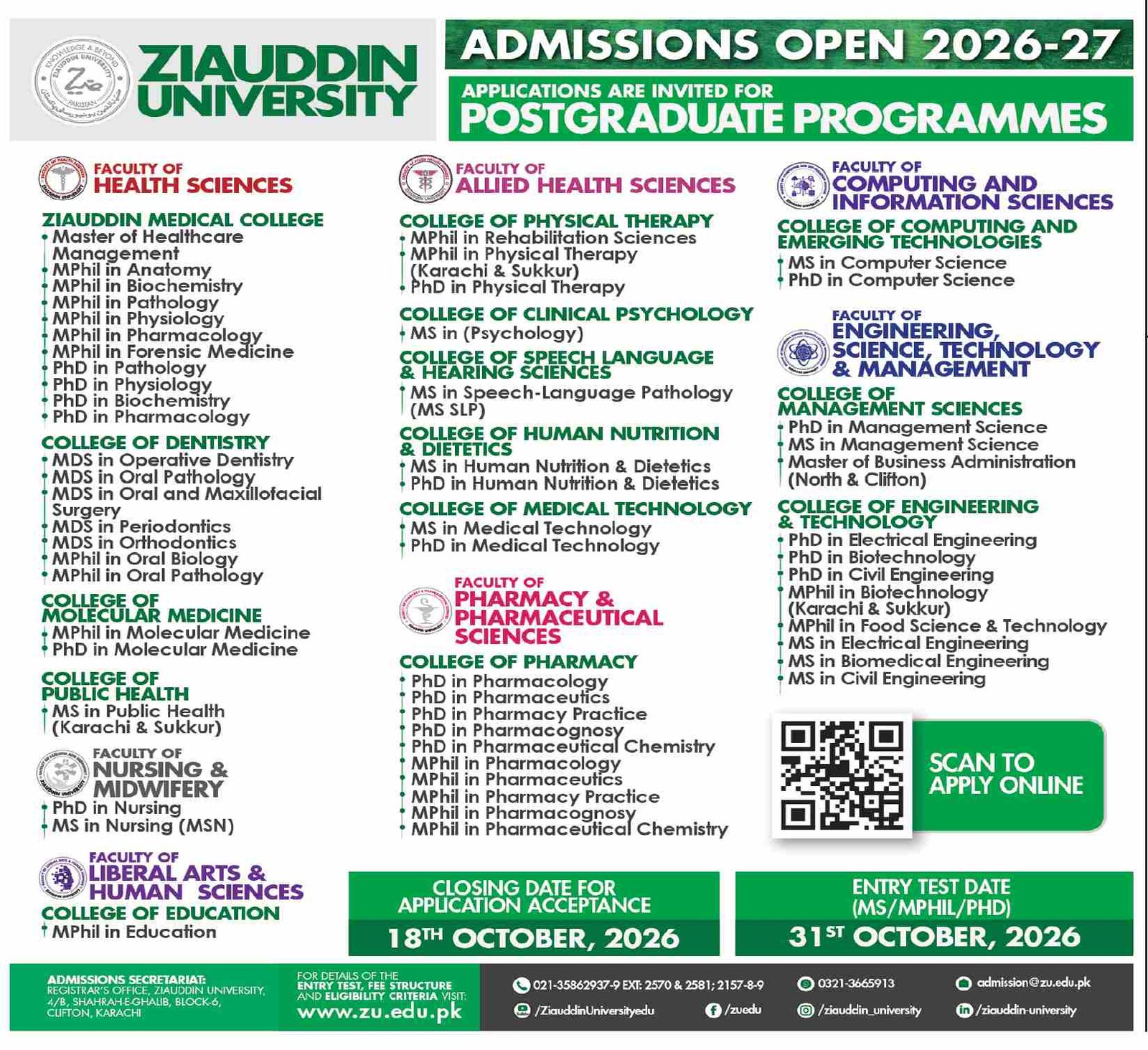 Ziauddin University Admissions 2026-27 Postgraduate Programs Advertisement Notice
