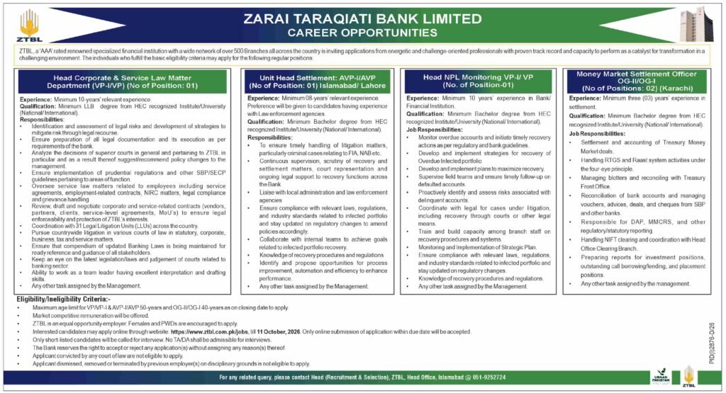 ZTBL Jobs 2026 advertisement listing five banking vacancies in Pakistan