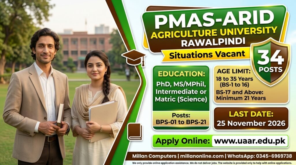 Two smiling university teachers on a green campus for Arid University Jobs 2026
