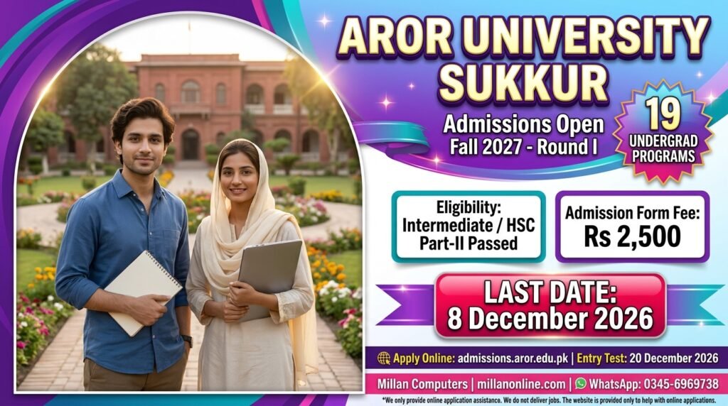 Two smiling young adults on a sunny university campus beside Aror University admissions details for Fall 2027