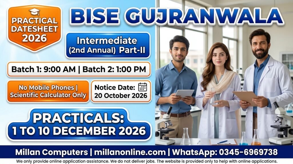 Gujranwala Practical Datesheet 2026 thumbnail with three smiling lab teachers and graduates and the practical exam dates
