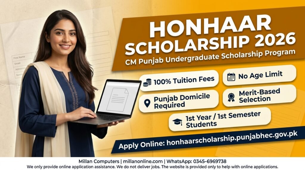 Honhaar Scholarship 2026 thumbnail showing a woman holding a laptop beside cards on tuition coverage and eligibility