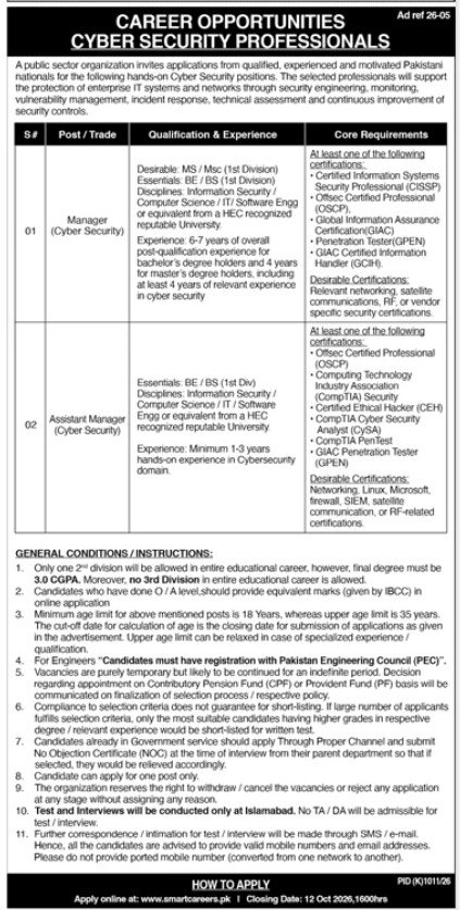Manager Cyber Security Jobs 2026 Public Sector Organization Advertisement SmartCareers pk Official Ad