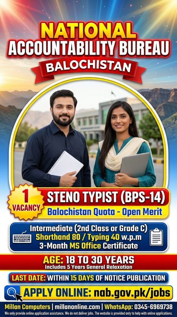 NAB Steno Typist jobs 2026 thumbnail showing Balochistan BPS-14 post details