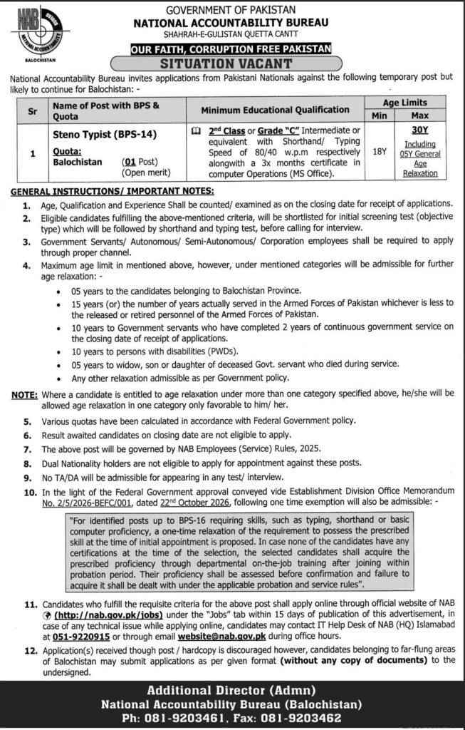 NAB Steno Typist jobs 2026 thumbnail showing Balochistan BPS-14 post details