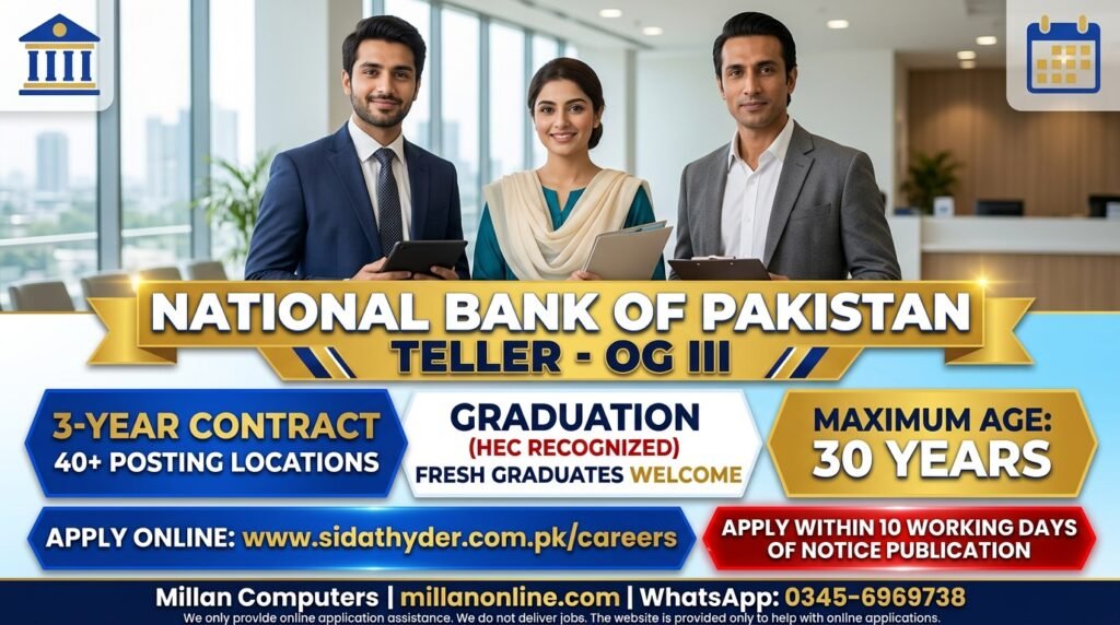 NBP Teller Jobs 2026 thumbnail showing bank staff at a branch counter with age limit and application details