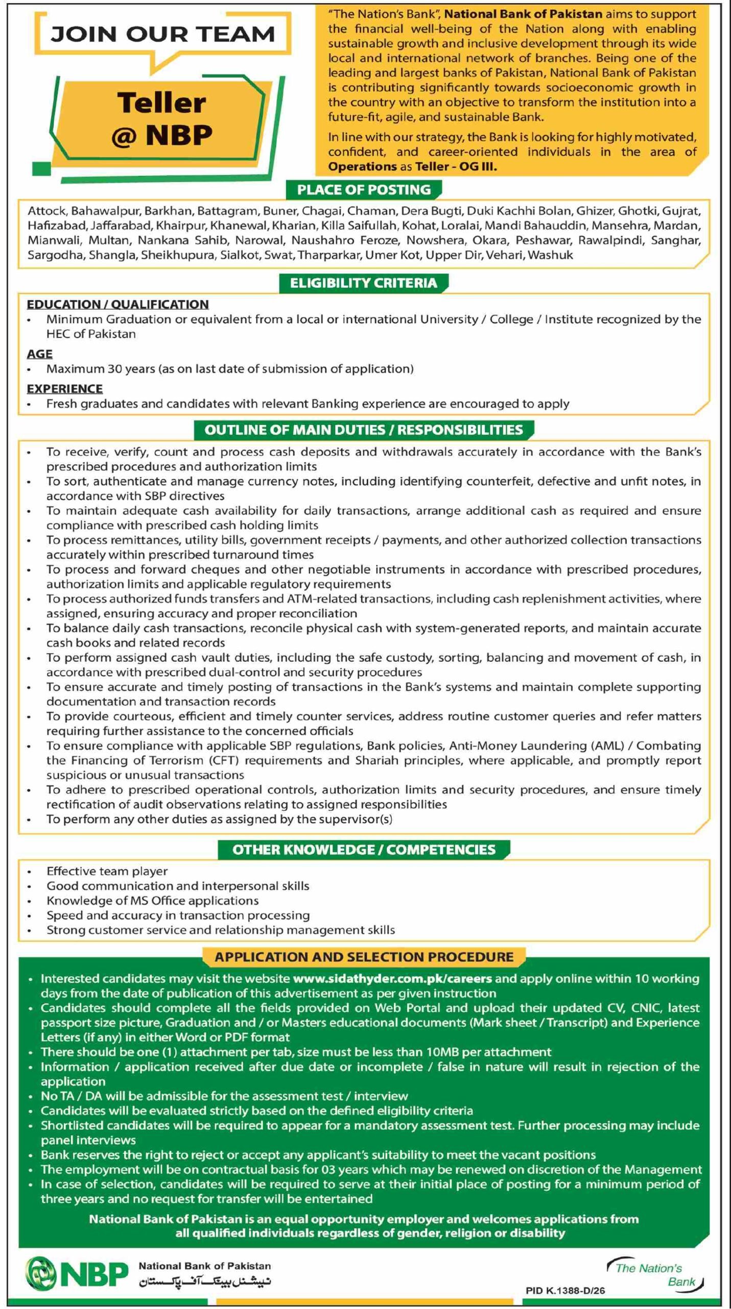 NBP Teller Jobs 2026 thumbnail showing bank staff at a branch counter with age limit and application details