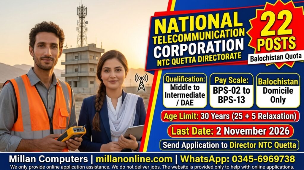 NTC Quetta jobs 2026 thumbnail showing a man and a woman near a telecom building with vacancy details