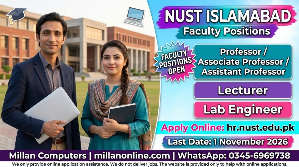 Smiling university faculty members on a modern campus with NUST faculty jobs details