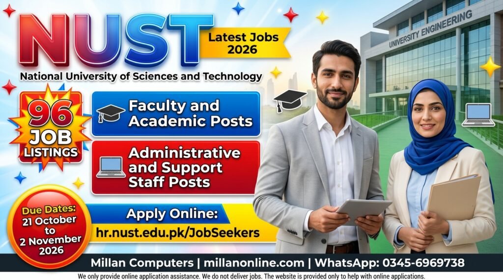 Two smiling university professionals outside a campus building with NUST latest jobs details