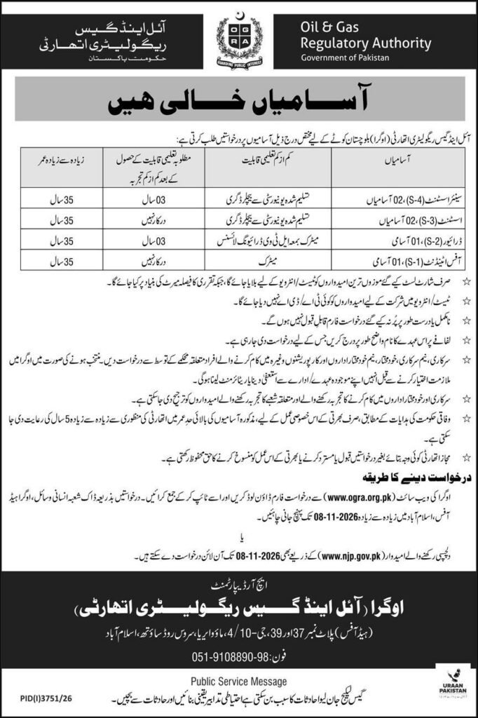 OGRA Jobs 2026 thumbnail showing office staff in front of a regulatory office with vacancies, age limit and last date