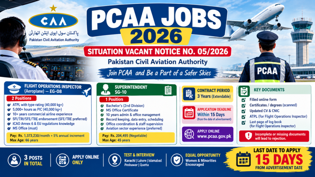 PCAA Jobs 2026 thumbnail showing a pilot on an airport apron with an aircraft and vacancy details for Flight Operations Inspector and Superintendent