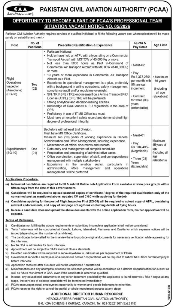 PCAA Jobs 2026 thumbnail showing a pilot on an airport apron with an aircraft and vacancy details for Flight Operations Inspector and Superintendent