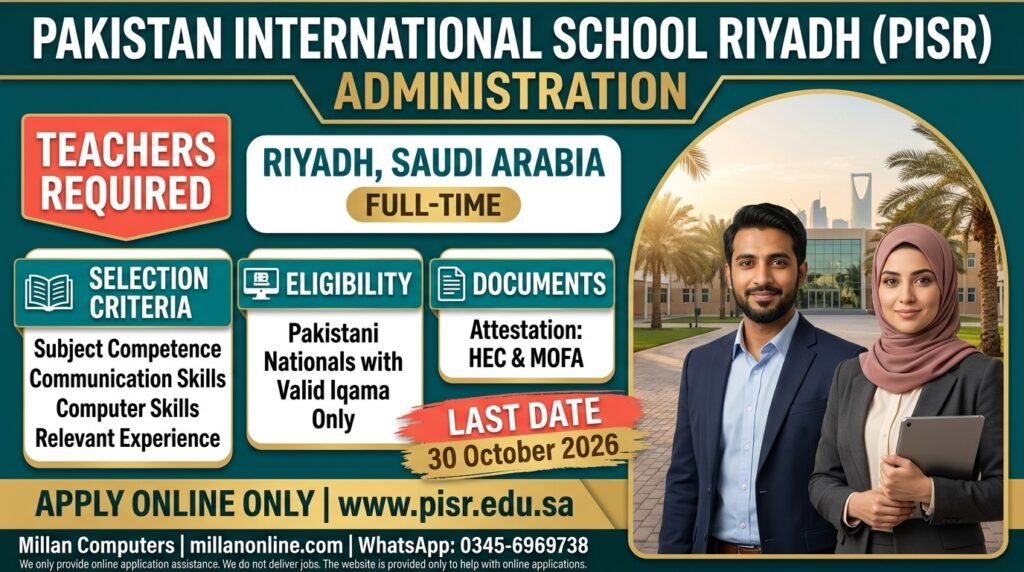 Pakistani male and female teachers outside a modern school building in Riyadh with PISR teacher jobs 2026 details