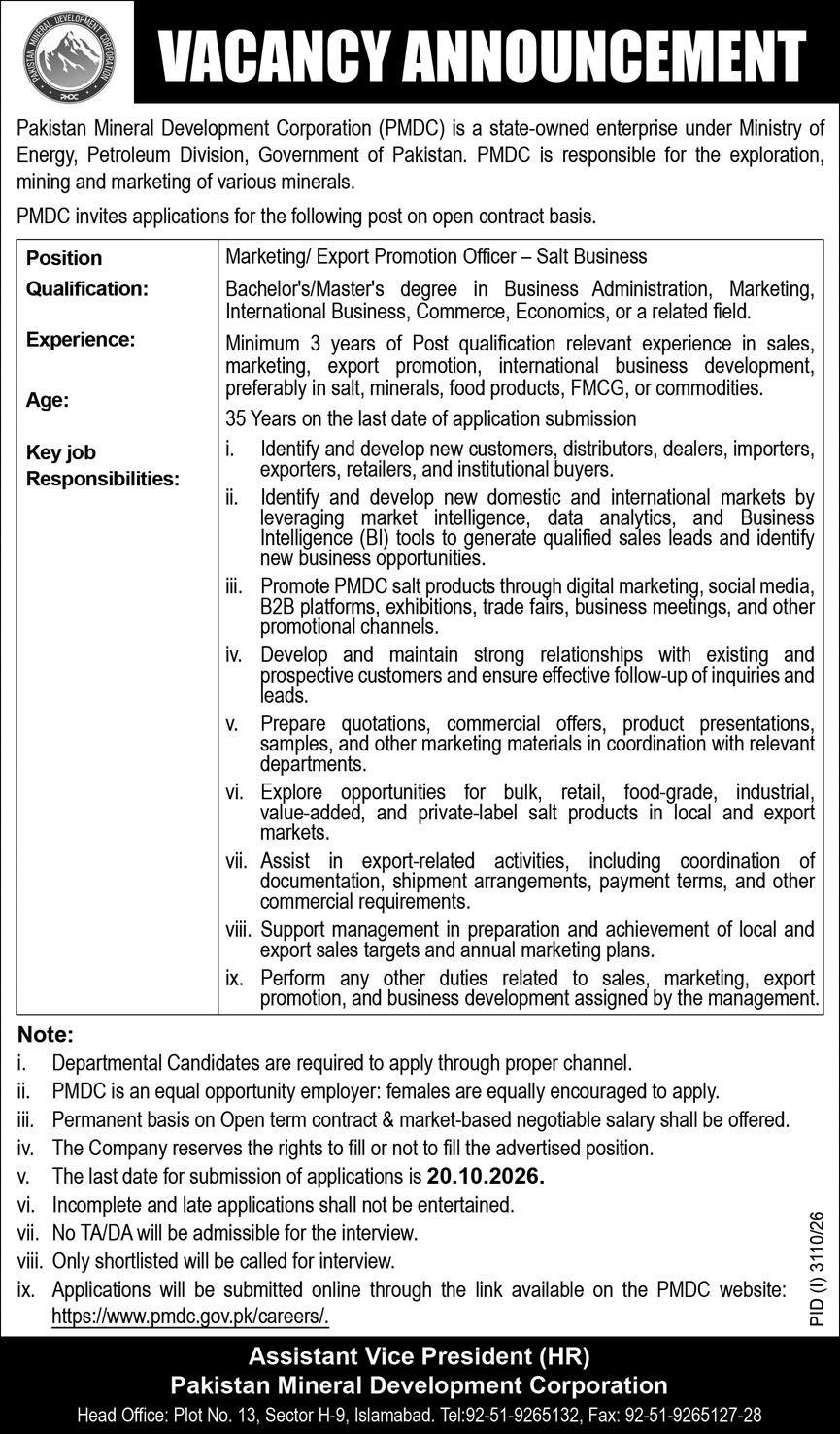 Professional marketing officer with salt crystal samples for PMDC Jobs 2026 salt business vacancy
