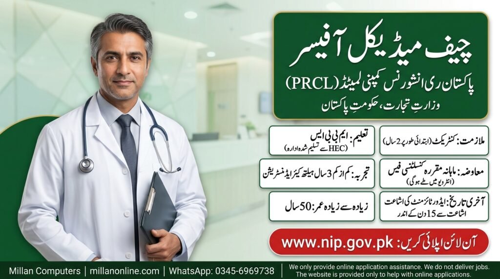 Doctor in a white coat reviewing medical files at a desk, illustrating PRCL jobs 2026 for Chief Medical Officer