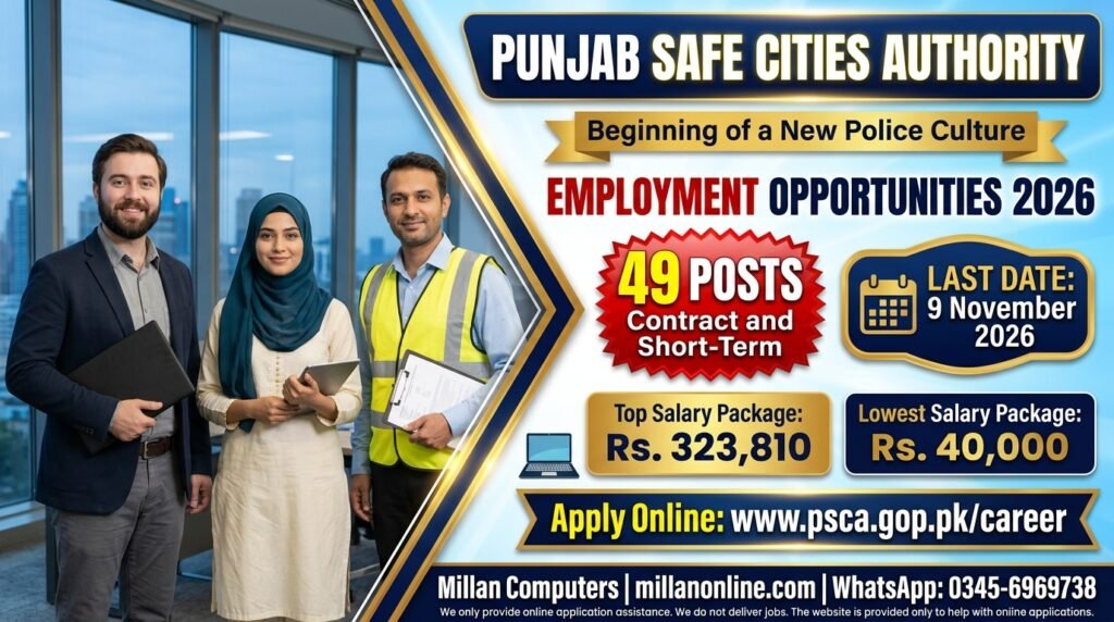 Smiling PSCA team in a modern office promoting PSCA Jobs 2026 with 49 posts
