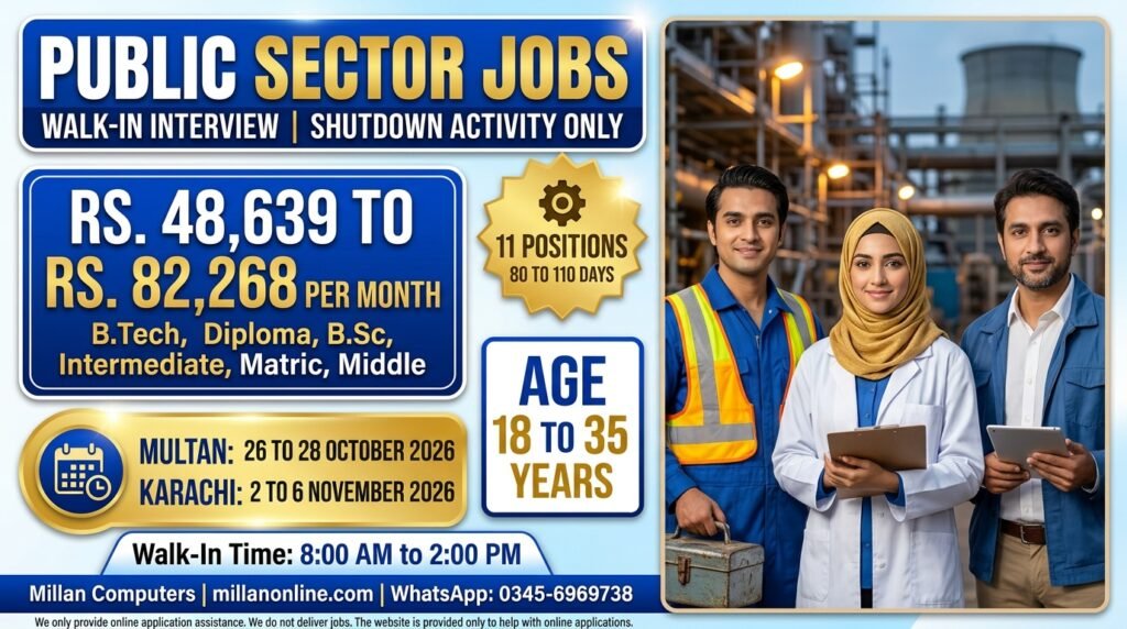 Public Sector Jobs 2026 thumbnail with three smiling technical staff at an industrial plant and walk-in interview dates