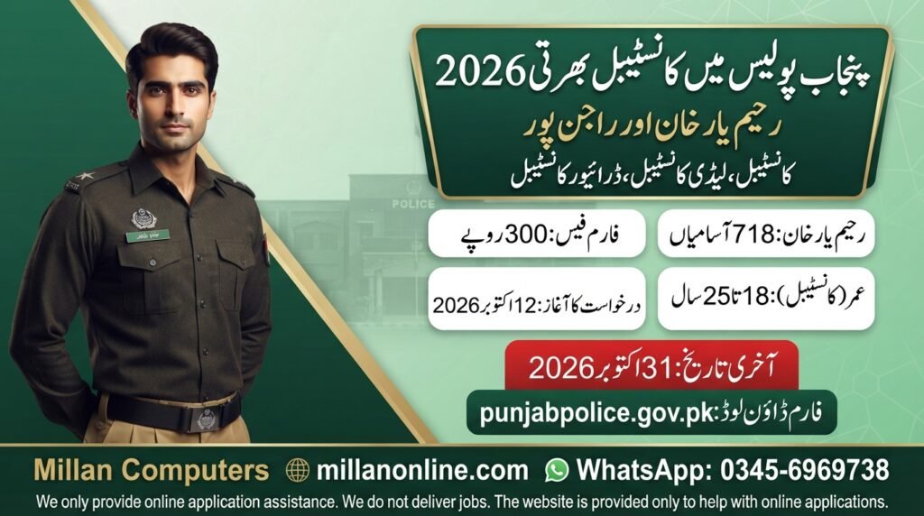 Punjab Police jobs 2026 recruitment poster for constables in Rahim Yar Khan and Rajanpur