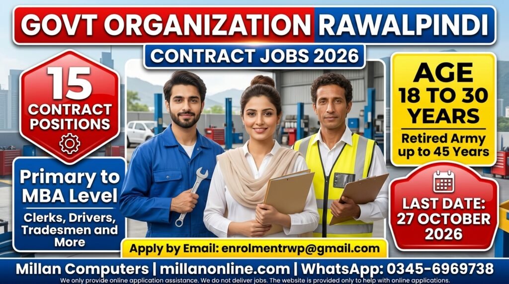 Rawalpindi Contract Jobs 2026 thumbnail with three smiling workers and office staff and the last date 27 October 2026