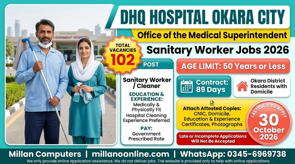 Hospital cleaning staff in uniform with job details for Sanitary Worker Jobs at DHQ Hospital Okara
