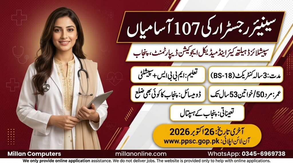 Maroon thumbnail with a doctor and key details of PPSC Senior Registrar Jobs 2026 in Punjab