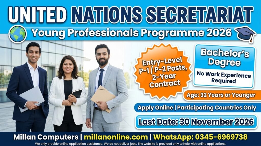 UN YPP 2026 details with three smiling young professionals outside a glass office building