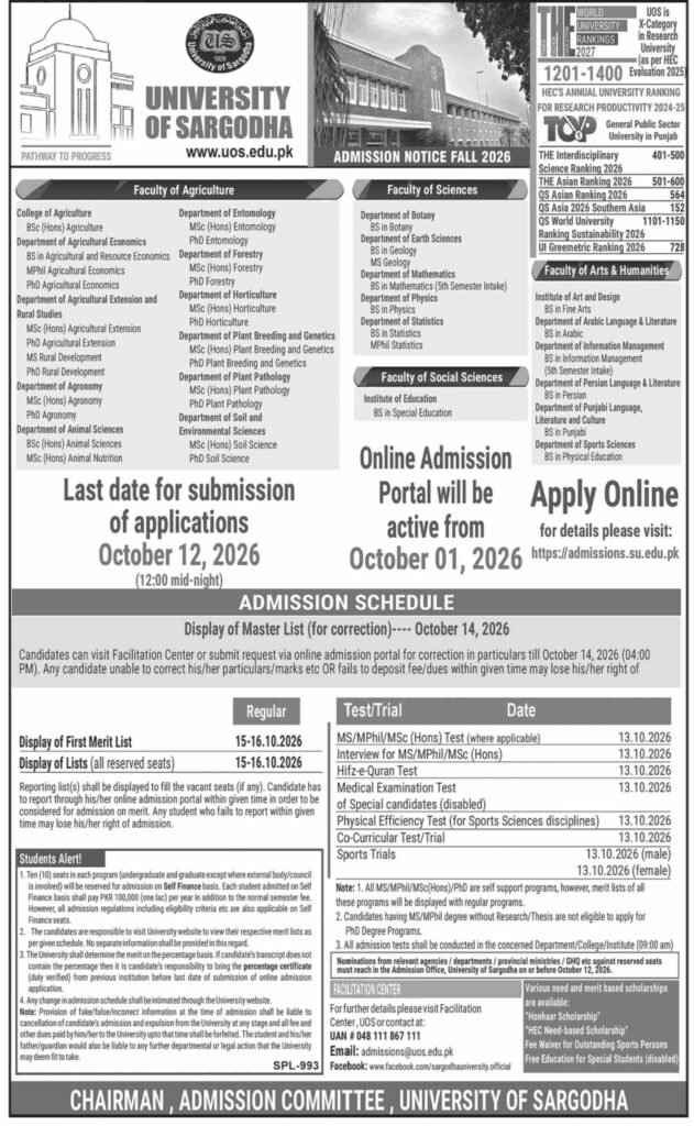 University of Sargodha campus building with Fall 2026 UOS admissions dates and online application details
